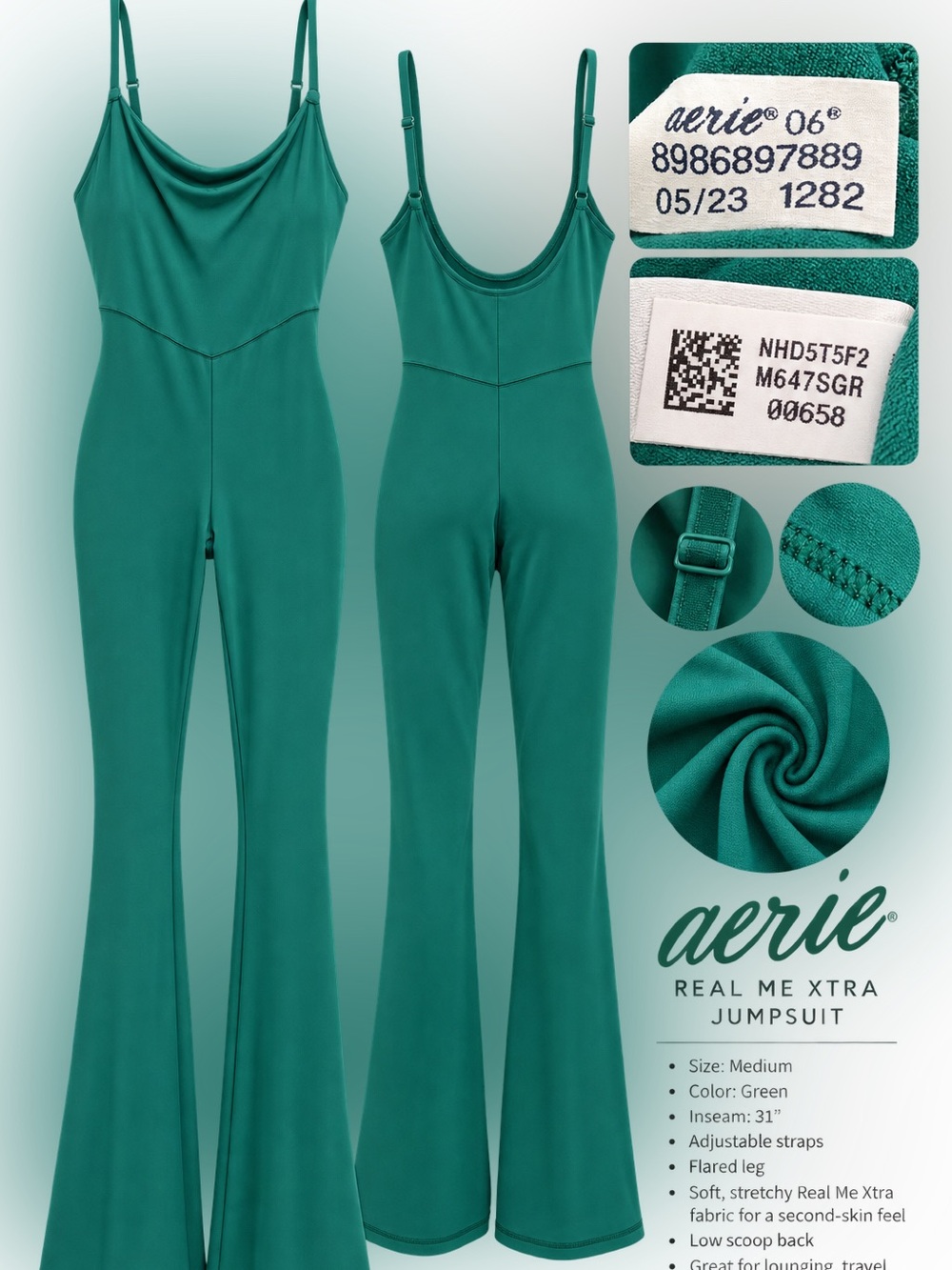 077. OFFLINE by Aerie Real Me Xtra Flare Jumpsuit Green Medium 31” Inseam EUC